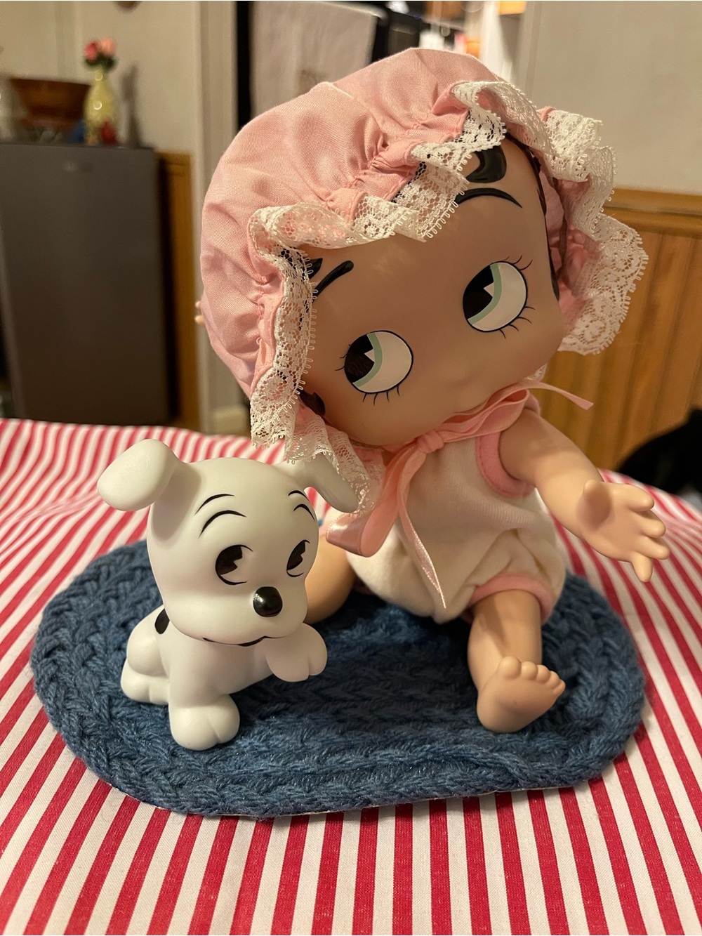 Vintage! Ceramic! Betty Boop Baby Doll with Pink Bonnet and White Puppy